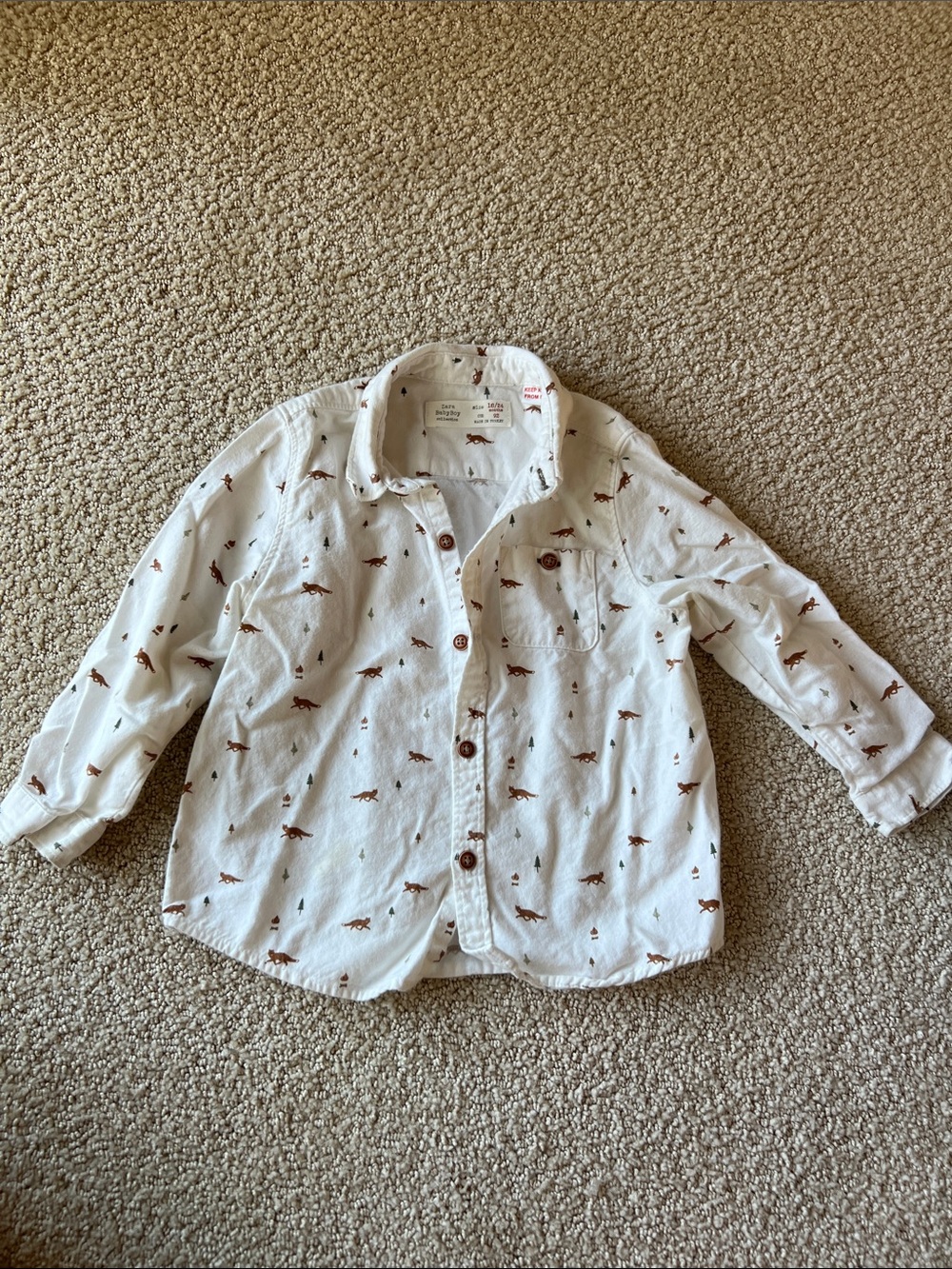 Zara BabyBoy White Shirt with Brown Fox and Green Tree Print
